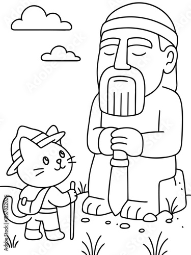 Cat Explorer & Stone Figure: A cartoon cat, dressed as an explorer, stands in awe beside a stoic stone statue, embarking on a quest in a world of adventure and historical discovery.