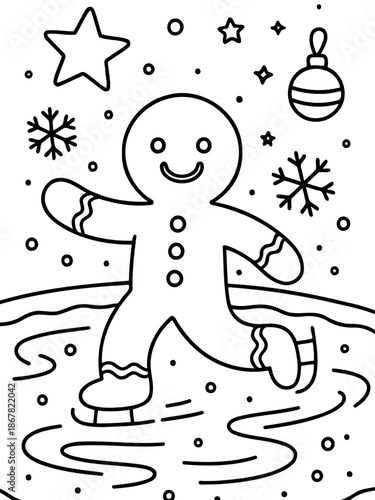 Joyful Gingerbread Man on Ice: A cheerful gingerbread man glides gracefully across a frozen pond, surrounded by playful snowflakes, twinkling stars, and festive ornaments.