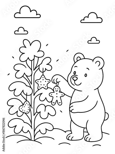 Holiday Bear's Decorating Delight: A festive scene unfolds with a charming bear, meticulously adorning a unique tree with heart-shaped, star-shaped and gingerbread cookie ornaments.