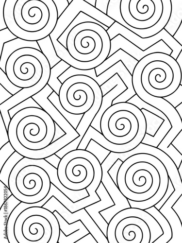 Whirlpool Lines: An intriguing black and white artistic composition of swirls and geometric lines creates a captivating visual display, a study in contrasts and rhythmic interplay.
