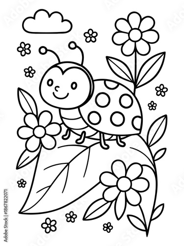 Ladybug in Garden: A charming cartoon of a ladybug rests upon a lush leaf, surrounded by blooming flowers and fluffy clouds, illustrating a scene of natural simplicity.