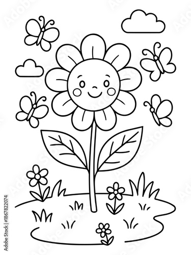 Blossom and Butterfly Serenade: A cheerful illustration of a smiling sunflower surrounded by fluttering butterflies. The cheerful depiction of nature's simple wonders.