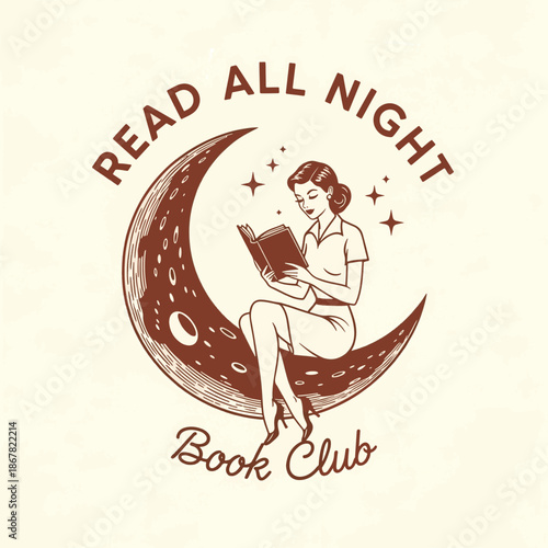 Woman reading on crescent moon T-Shirt Design for book lovers under starry night