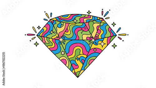 A vibrant and colorful diamond illustration with a psychedelic design and sparkles