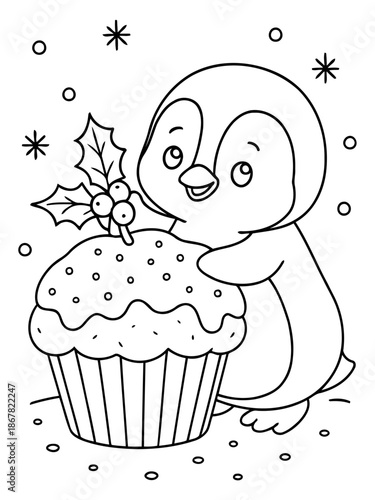 Cute Penguin with cupcake: A delightful illustration showcases a charming penguin, adorning a festive cupcake with festive holly. Snowflake sprinkles creates a delightful winter ambiance. 