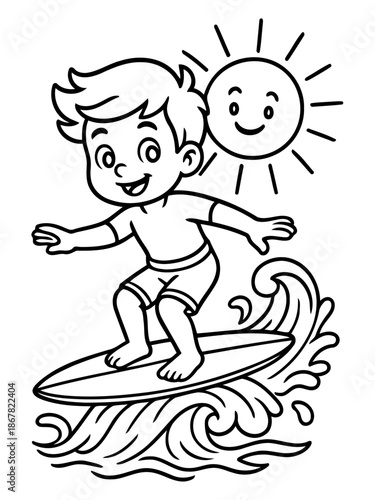 Surfing Adventure: A cheerful boy, balanced atop a surfboard, rides a cresting wave beneath the radiant sun, capturing a moment of pure joy and aquatic adventure.