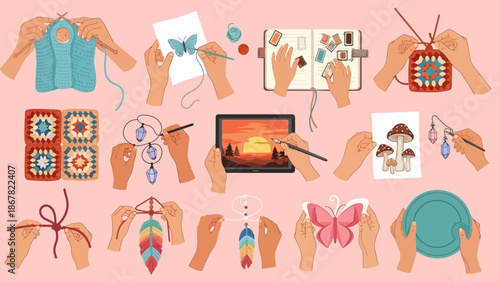 Hands engaged in various creative activities like crafting and painting.