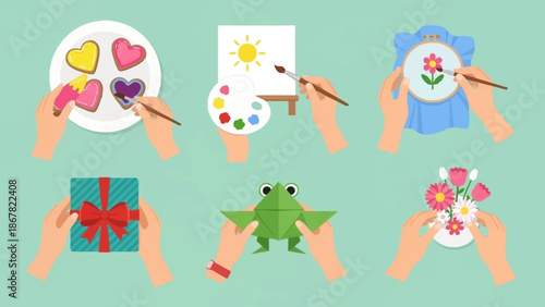 Hands Engaged in Creative Activities with Paint and Gifts.