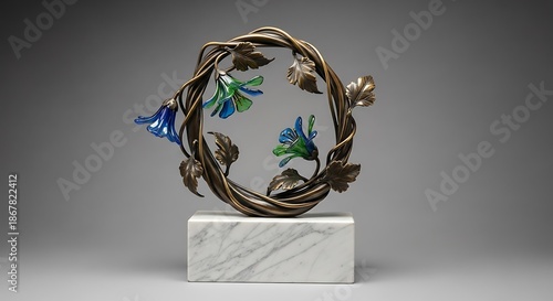 Artistic bronze floral sculpture with vibrant glass bell accentuation