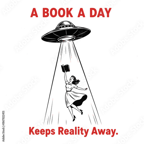 Woman lifted by UFO beam with book, T-Shirt Design inspiration, surreal illustration