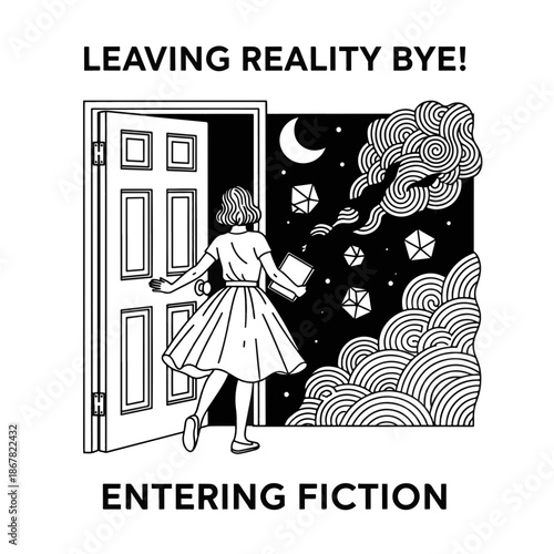 Entering a Dreamlike World Through an Open Door, a Young Girl Departs Reality for Fantasy, Inspired T-Shirt Design