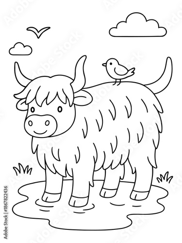 Highland Cow Illustration: A charming black and white illustration of a highland cow, complete with a fluffy coat and iconic horns, stands peacefully with a little bird in a tranquil meadow.
