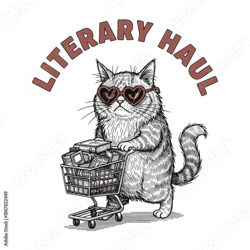 Cat with heart-shaped sunglasses and shopping cart full of books for literary haul T-Shirt Design