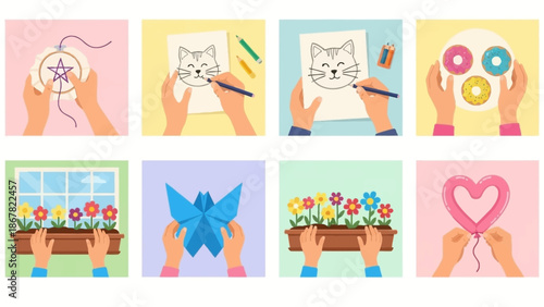 Hands crafting various creative projects with colorful materials.