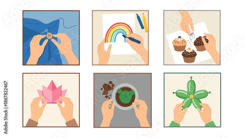 Six square icons depicting hands crafting origami, drawing rainbow, baking, and holding flowers.