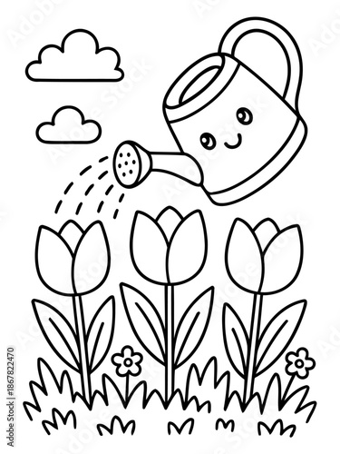 Blooming Beauty: A delightful illustration showcases a watering can joyfully nurturing a row of blooming tulips, set against a cheerful backdrop of puffy clouds and grassy tufts.
