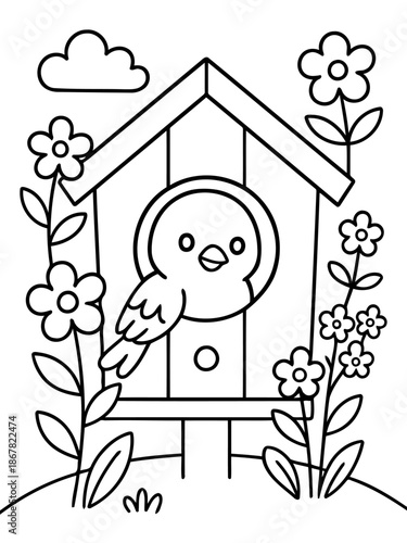Joyful Birdhouse: A charming illustration depicts a delightful bird peeking out from a whimsical birdhouse surrounded by blossoming flowers and a fluffy cloud.