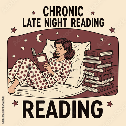 Young woman lying in bed with T-Shirt Design, engrossed in reading a book under the stars on a late night