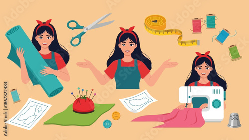 Three cartoon women engaged in various stages of sewing and crafting.