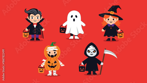 Cartoon children in Halloween costumes trick or treating.