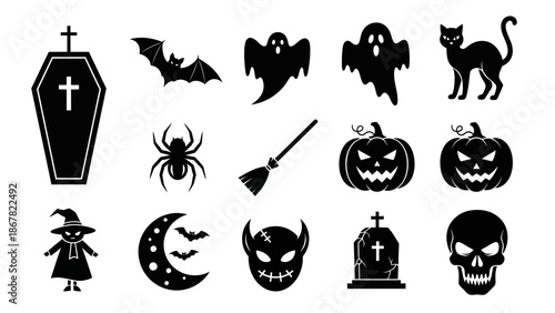 Halloween icons set with spooky symbols and characters.