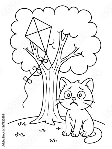 Kitten and the Kite: A whimsical sketch depicts a frustrated kitten watching its kite tangled in a tree, portraying childhood innocence and the little setbacks of growing up.