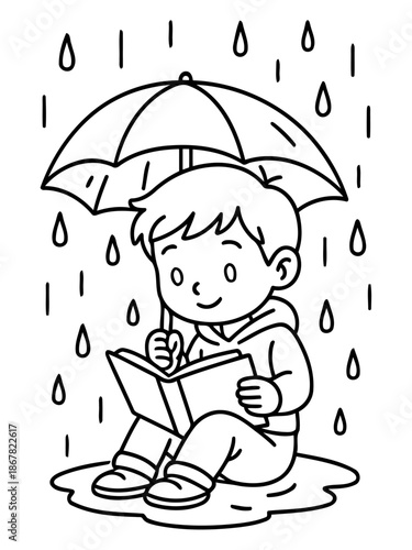 A Rainy Day Read: A young person finds joy in reading while sheltering under an umbrella during a rain shower, creating a cozy and imaginative scene.