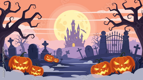 Spooky Halloween night with pumpkins and haunted castle.