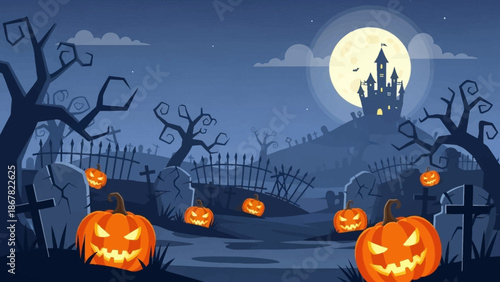 Halloween night scene with pumpkins and a haunted castle.