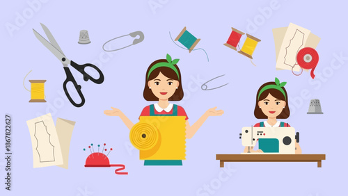 Two women engaged in sewing and crafting activities surrounded by various sewing tools.