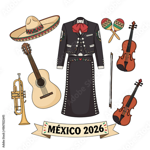 A vibrant vector graphic illustration of traditional Mexican clothing and musical instruments