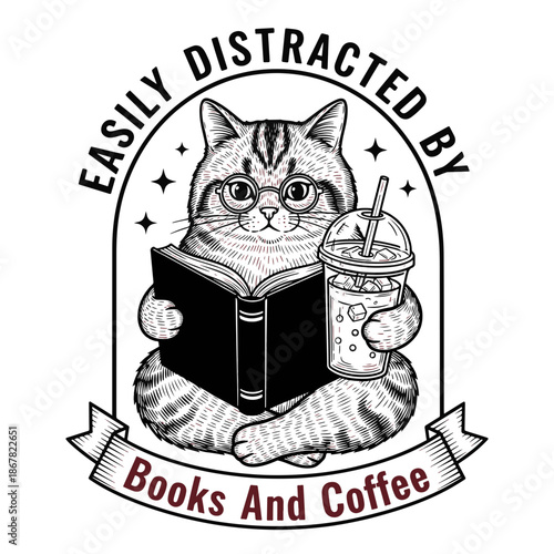 Cat reading a book and drinking coffee for T-Shirt Design