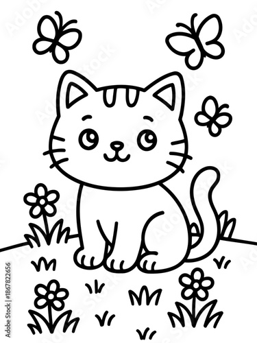 Playful Kitten in Garden: A charming cartoon kitten sits amidst flowers and butterflies, creating a scene of innocent joy and playful wonder.