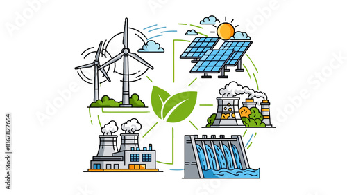 A vector graphic illustration of eco-friendly sustainable energy sources and industry