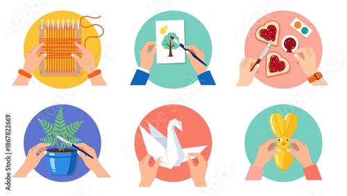 Hands engaged in various creative activities and nurturing tasks.