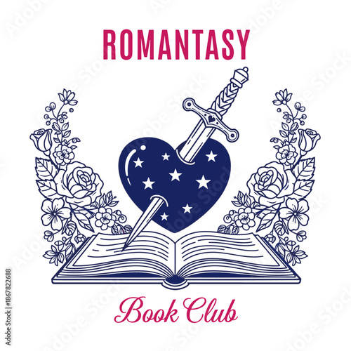 Vibrant Romantasy Book Club Design with Heart, Book, and Sword Elements for T-Shirt Design
