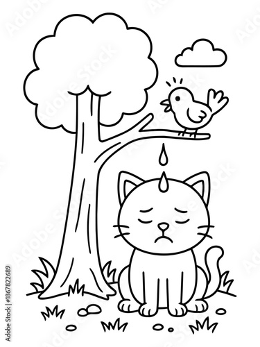 Rainy Day's Plight: A Cartoon cat get rained on while bird is singing on tree branch, reflecting a moment of quiet melancholy.