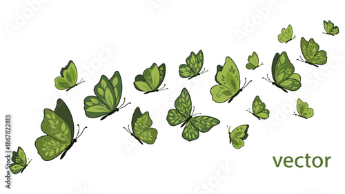 A vector illustration of green butterflies flying in a diagonal line formation