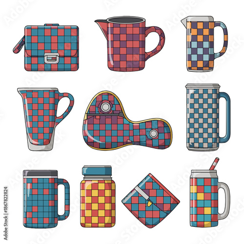 A colorful illustration of various kitchenware items with checkered patterns