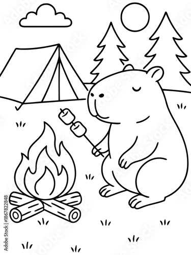 Cozy Campfire Adventure: An adorable rodent character enjoys a camping trip, roasting marshmallows over a crackling campfire under the gentle glow of the moon. 