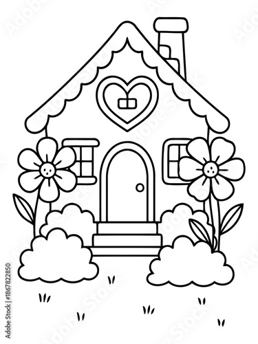 Simple Home Illustration: A charming home, adorned with floral elements. A heart adorns the house, hinting at warmth and comfort. Simple and detailed outlining.