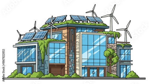 A modern eco-friendly house with solar panels and wind turbines on the roof