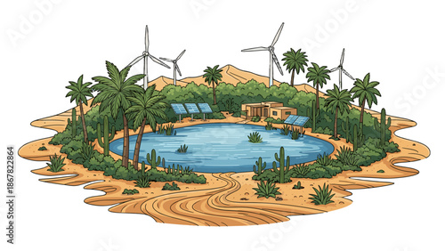 A serene island oasis with wind turbines and a tranquil pool surrounded by lush greenery