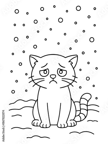 Lonely Feline in Winter: A solitary cat, with a look of sadness etched upon its face, sits in a snowy scene, with delicate snowflakes gently falling around it. Capturing the feeling of cold, loss.