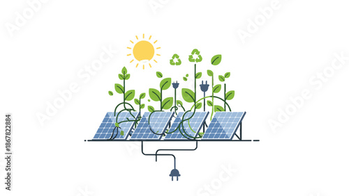 A vector graphic illustration of solar panels with green plants growing around them