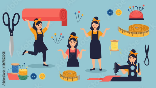 Cartoon women working with fabric and sewing tools.