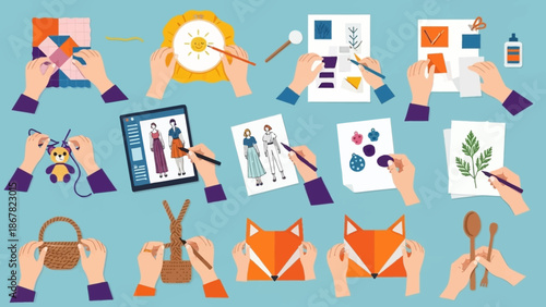 Hands engaged in various creative activities like painting and crafting.