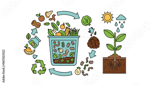 A colorful vector illustration of a recycling cycle for organic waste and composting