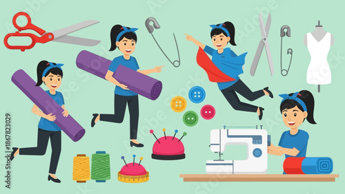 Cartoon girl enjoying various sewing activities with crafting tools.
