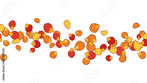 A vibrant vector graphic illustration of scattered orange and red leaves on a
